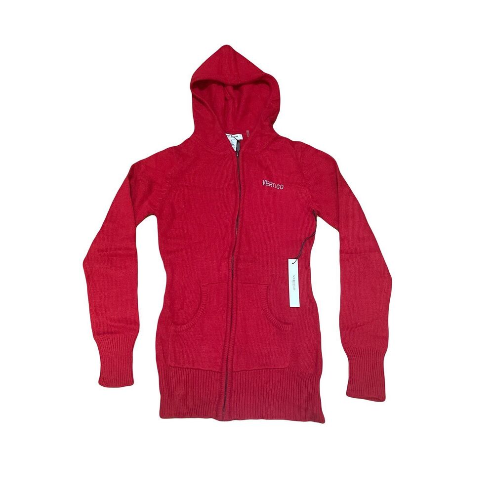Vertigo SMALL Red Full Zip Long Cardigan Knit Hoodie Diamond Logo